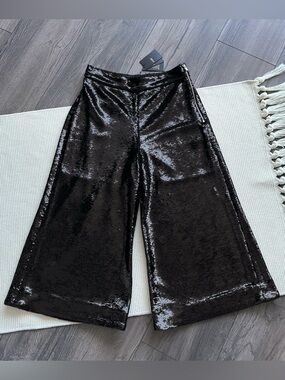 Maje Black Noir Party Sequin Wide Leg Cropped Culottes / Gaucho Pant